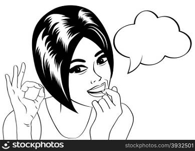 pop art cute retro woman in comics style in black and white , vector illustration
