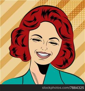 pop art cute retro woman in comics style laughing, vector illustration