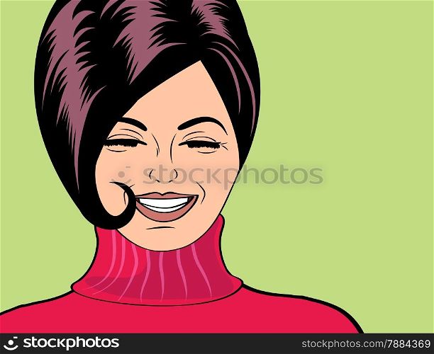 pop art cute retro woman in comics style laughing, vector illustration
