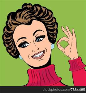 pop art cute retro woman in comics style making ok sign, vector illustration