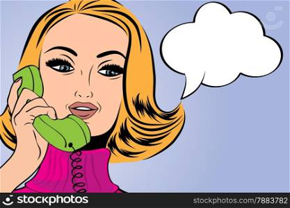 pop art cute retro woman in comics style talking on the phone, vector illustration