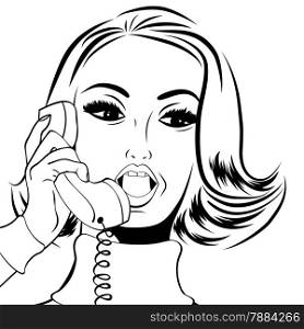 pop art cute retro woman in comics style talking on the phone, vector illustration