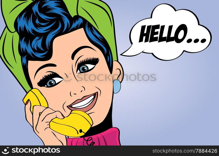 pop art cute retro woman in comics style talking on the phone, vector illustration