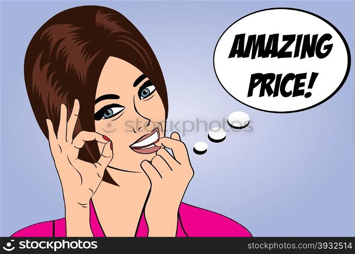 "pop art cute retro woman in comics style with message "amazing price", vector illustration"