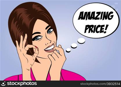 "pop art cute retro woman in comics style with message "amazing price", vector illustration"