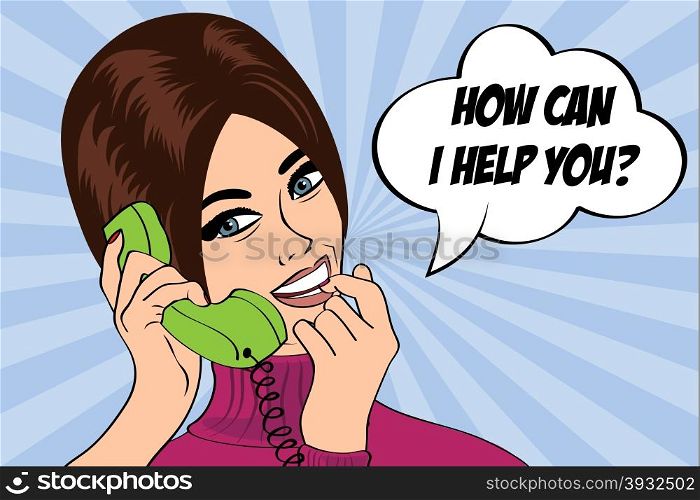 "pop art cute retro woman in comics style with message "how can I help you", vector illustration"
