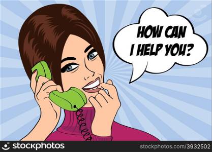 "pop art cute retro woman in comics style with message "how can I help you", vector illustration"