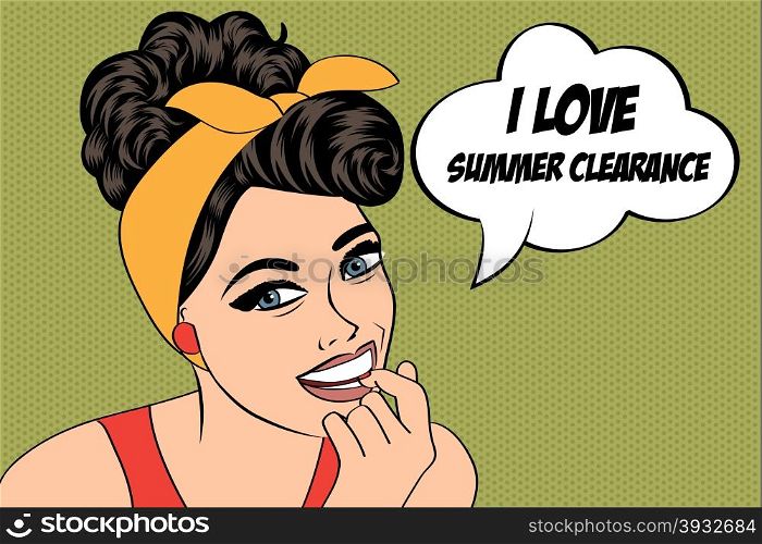 "pop art cute retro woman in comics style with message "I love summer clearance", vector illustration"