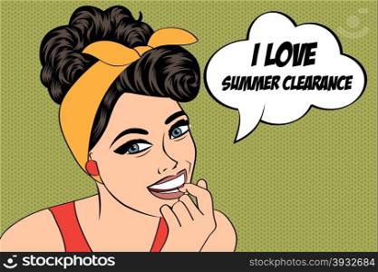 "pop art cute retro woman in comics style with message "I love summer clearance", vector illustration"