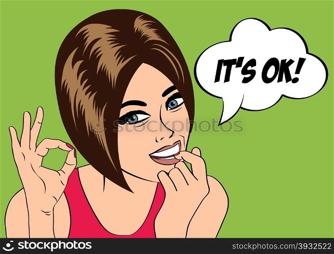 "pop art cute retro woman in comics style with message " It&rsquo;s OK" , vector illustration"