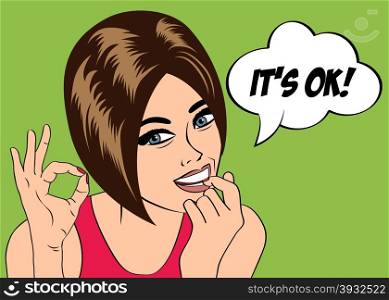 "pop art cute retro woman in comics style with message " It&rsquo;s OK" , vector illustration"