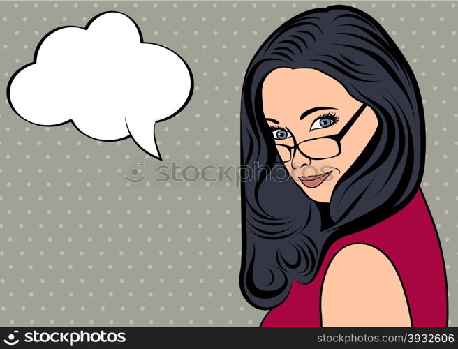 pop art cute retro woman in comics style with message, vector illustration