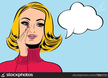 pop art cute retro woman in comics style with message, vector illustration