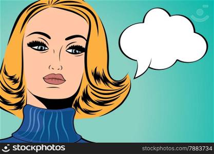 pop art cute retro woman in comics style with message, vector illustration