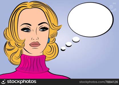 pop art cute retro woman in comics style with message, vector illustration