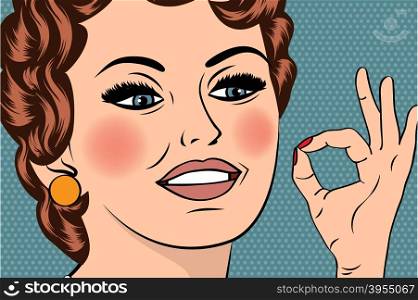 pop art cute retro woman in comics style with OK sign, vector illustration