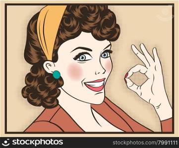 pop art cute retro woman in comics style with OK sign. vector illustration