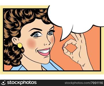 pop art cute retro woman in comics style with OK sign. vector illustration