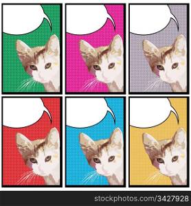 Pop art drawing of a cat with speech bubble in colors