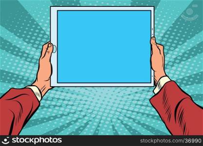 Pop art electronic tablet in the hands, retro vector. Modern gadgets