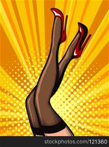 Pop art female legs in red shoes on high heels. Vector illustration.