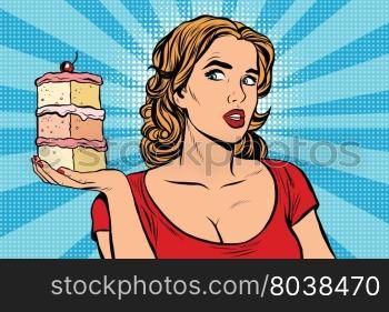Pop art girl diet cake retro vector. Sweet food, pastries