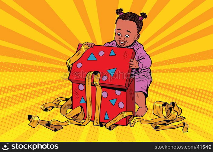 Pop art girl opens the gift box, retro vector. Christmas and New year, birthday. African American people