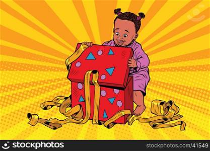 Pop art girl opens the gift box, retro vector. Christmas and New year, birthday. African American people