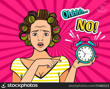 Pop art girl with clock. Retro pretty alarmed female face portrait with head curlers, no time beautiful woman vintage vector illustration. Pop art girl with clock