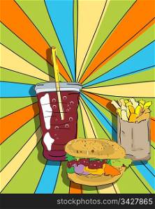 Pop art graphic background with cheeseburger, fries and soda, conceptual food graphic