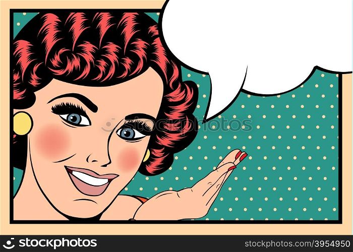 Pop Art illustration of girl with the speech bubble.Pop Art girl. Party invitation. Birthday greeting card.Vintage advertising poster. Fashion woman with speech bubble.
