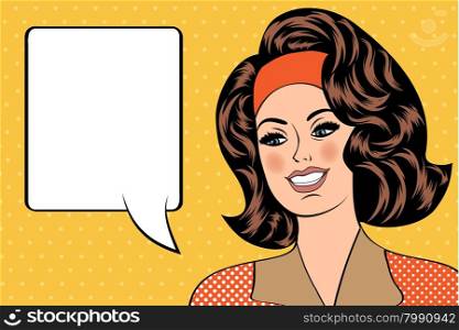 Pop Art illustration of girl with the speech bubble. Pop Art girl. Vintage advertising poster. Fashion woman with speech bubble.