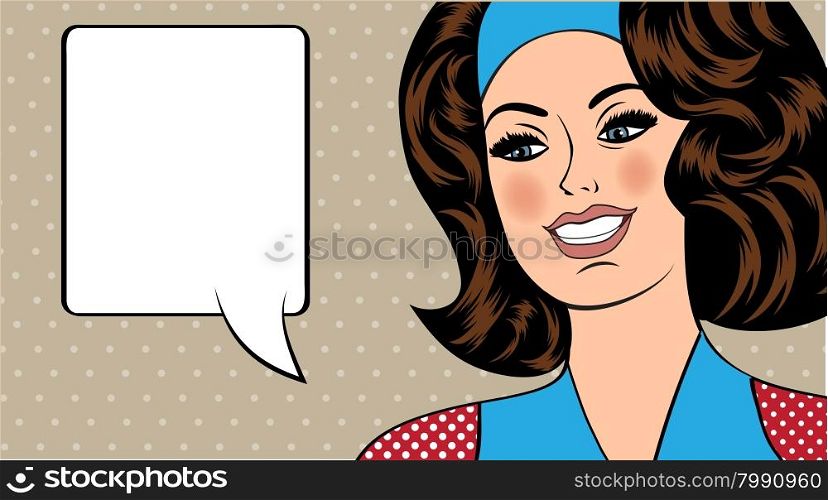 Pop Art illustration of girl with the speech bubble. Pop Art girl. Vintage advertising poster. Fashion woman with speech bubble.