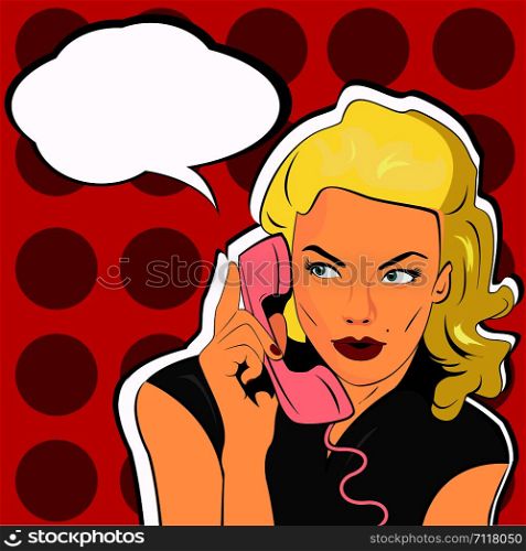 Pop Art illustration of woman with the speech bubble ant retro telephone. Pop Art girl. Party invitation. Birthday greeting card. Call me. Cute girl surprised by the call. Vintage pop art poster. sexy