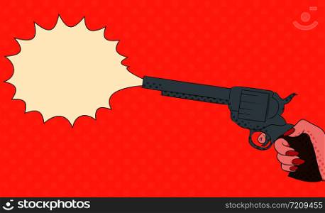 Pop art illustration with female hand with a gun with bubble shot for your creativity. Pop art illustration with female hand with a gun with bubble sh