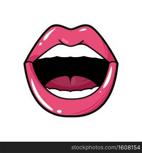 Pop art lips. Sexy kiss woman opened or half-closed mouth with red lipstick, tongue and teeth. Makeup poster, fashion banner, greeting card design. Cartoon vector isolated object on white background. Pop art lips. Sexy kiss woman opened or half-closed mouth with red lipstick, tongue and teeth. Makeup poster, fashion banner, greeting card design. Cartoon vector isolated object