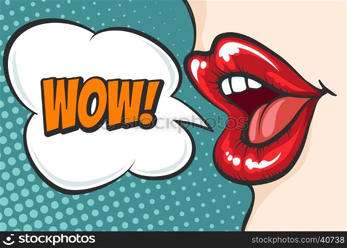 Pop art lips with WOW bubble. Female lips in pop art style with WOW bubble. Vector illustration