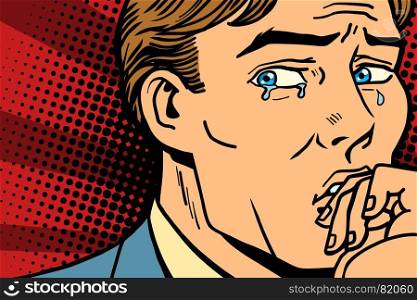 Pop art man crying in depression. Comic book cartoon retro Illustrator vector drawing. Pop art man crying in depression
