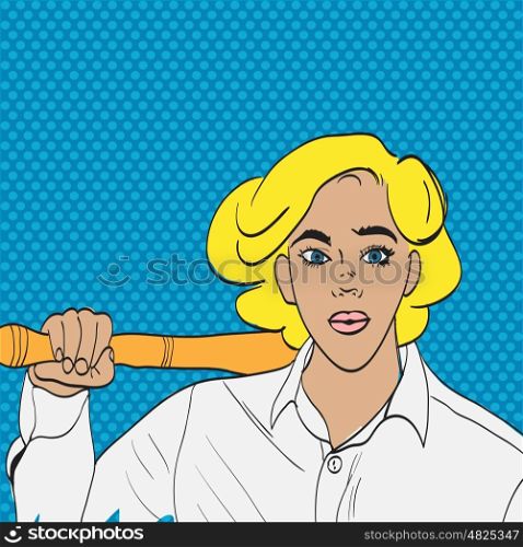 Pop art man face with an open mouth and big bulging eyes with besbolnoy bat. in comic style. Vector illustration.
