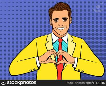 Pop art man with heart hand sign. Retro comic man with i love you gesture vector illustration. Pop art man heart hand sign