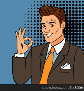 Pop art ok man. Vintage cartoon handsome young business man smiling and showing okay sign vector illustration. Pop art man showing okay sign