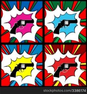 Pop art pistol, clip art illustration, icons
