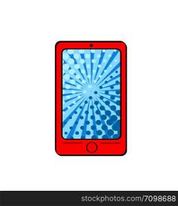 Pop art red smart phone with dot screen for your offer on white background. Vector colorful hand drawn illustration in retro comic style.