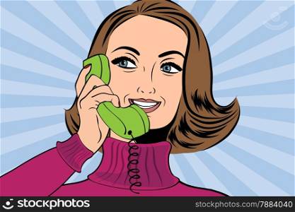 pop art retro woman in comics style talking on the phone, vector illustration