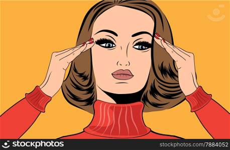 pop art retro woman in comics style with migraine, vector illustration