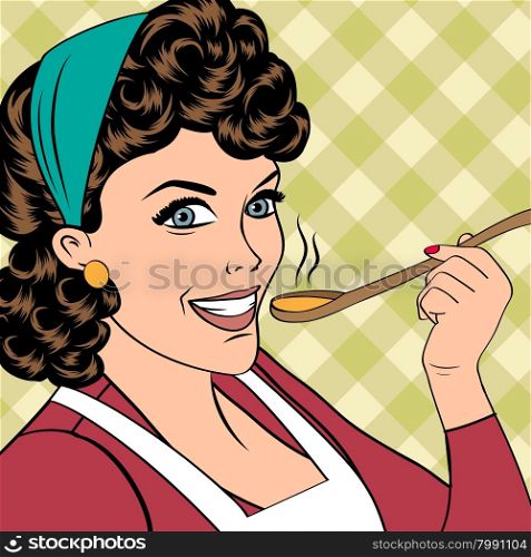 pop art retro woman with apron tasting her food. vector illustration