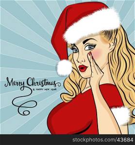 Pop art Santa girl. Pin up Santa girl. Christmas card. Vector illustration