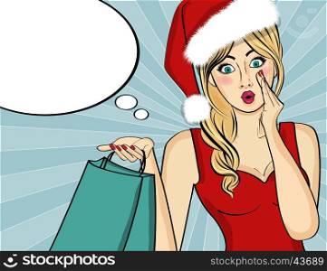 Pop art Santa girl. Pin up Santa girl. Santa Girl with shopping bag. Christmas card. Vector illustration