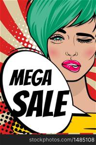 Pop art sexy woman advertise mega sale. Pop art woman MEGA SALE banner speech bubble