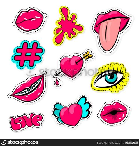 Pop art sticker set isolated hash tag, love, heart, angel wings, smile. Embroidery art isolated on white background.